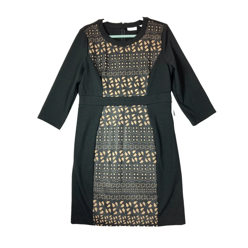 NY&Co Women's SIZE LARGE Black Bodycon Sheath Dress 3/4 Sleeve Stretch Artsy NWT